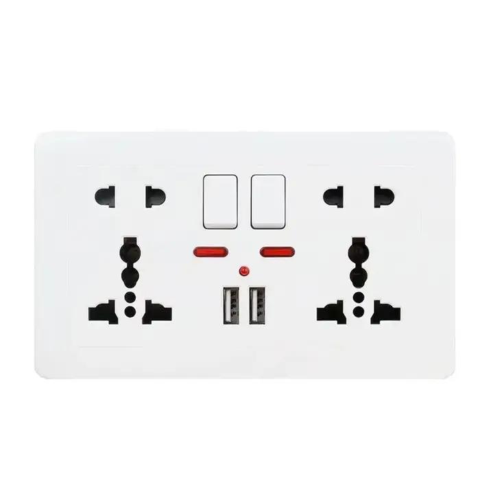 Prise murale double universelle 5 trous avec interrupteur, prise de courant 2.1A avec double port de
