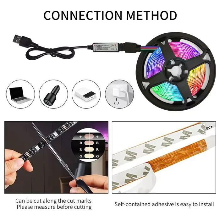 Bande lumineuse RGB LED USB, SMD 2835, 5V, flexible, 3m, ruban de lumière intelligent, Bluetooth, po