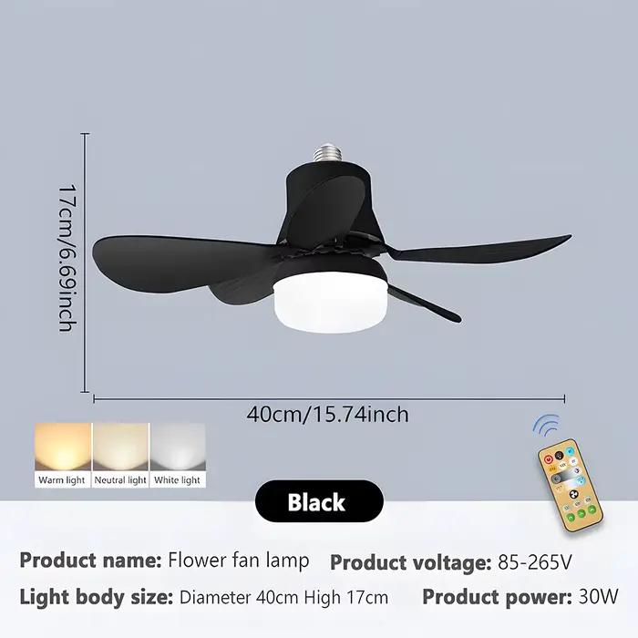 Ventilateur de plafond à douille avec télécommande, silencieux, variable, 3 couleurs, E27, avec lumi