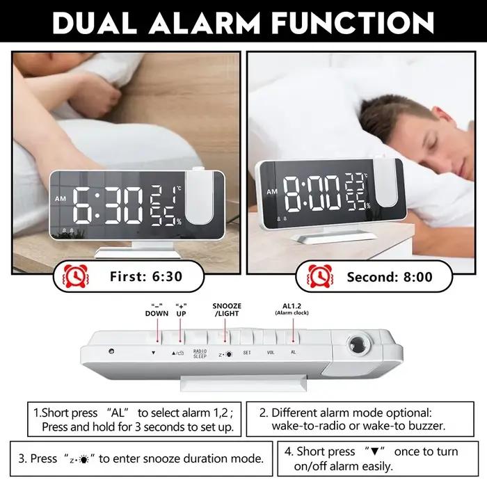 LED numérique miroir Projection réveil maison FM Radio thermomètre hygromètre USB réveil montre 180