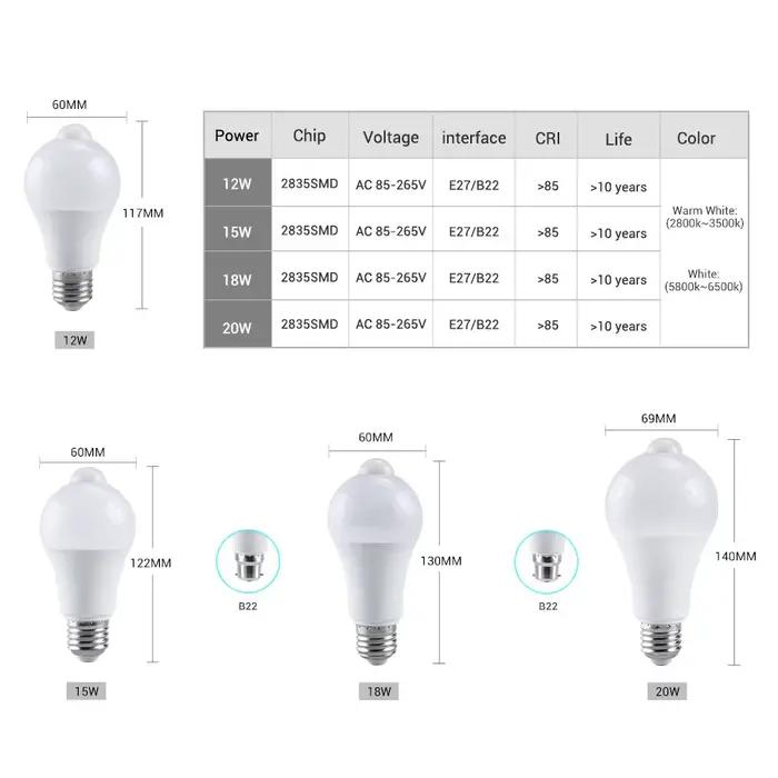 E27 LED capteur de mouvement ampoule lampe à LED B22 PIR capteur ampoule Auto marche/arrêt veilleuse