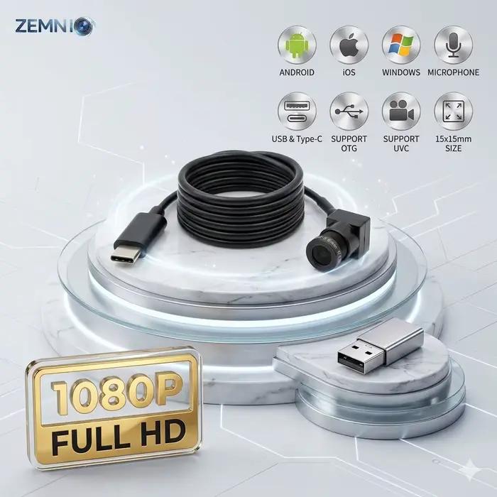 Mini caméra USB OTG 2MP 1080P avec micro, compatible Android, iOS, Windows, webcam UVC, focale optio
