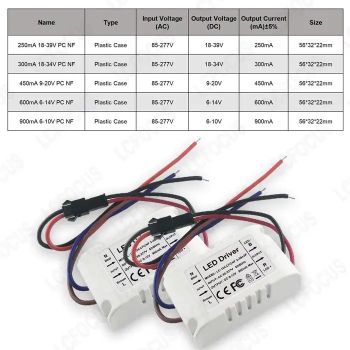 Courant constant 250mA 300mA 450mA 600mA 900mA Pilote LED Boîtier ignifuge en plastique Alimentation