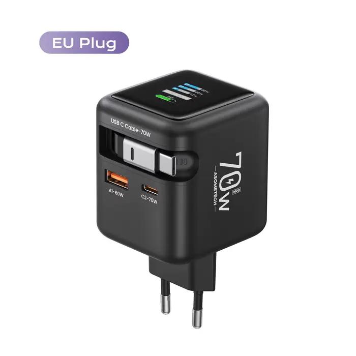 Chargeur rapide GaN 70W avec câble rétractable type-c 3 en 1 PD3.0 QC4.0 PPS, charge rapide pour IPh