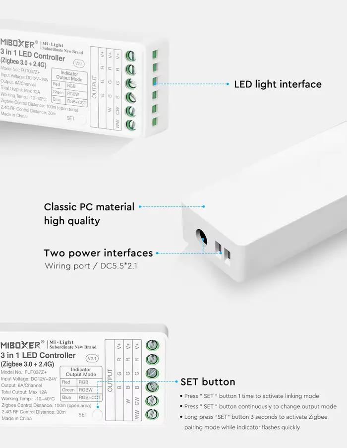 Contrôleur de bande Led RF DC12-24V 2.4G FUT035Z + 2in1/FUT037Z + 3in1 + Zigbee 3.0 pour lampe LED d