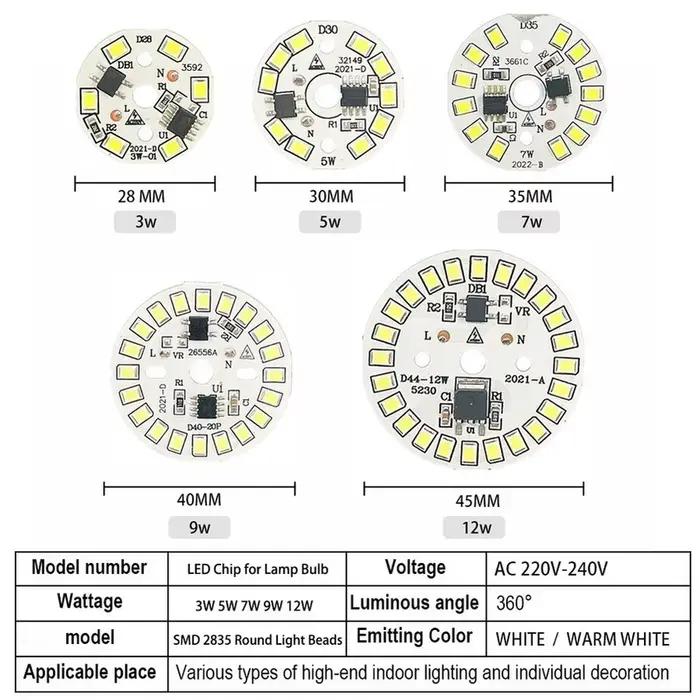 10 pcs/lot puce LED pour lampe ampoule 3 W 5 W 7 W 9 W 12 W 15 W SMD 2835 perles de lumière rondes A