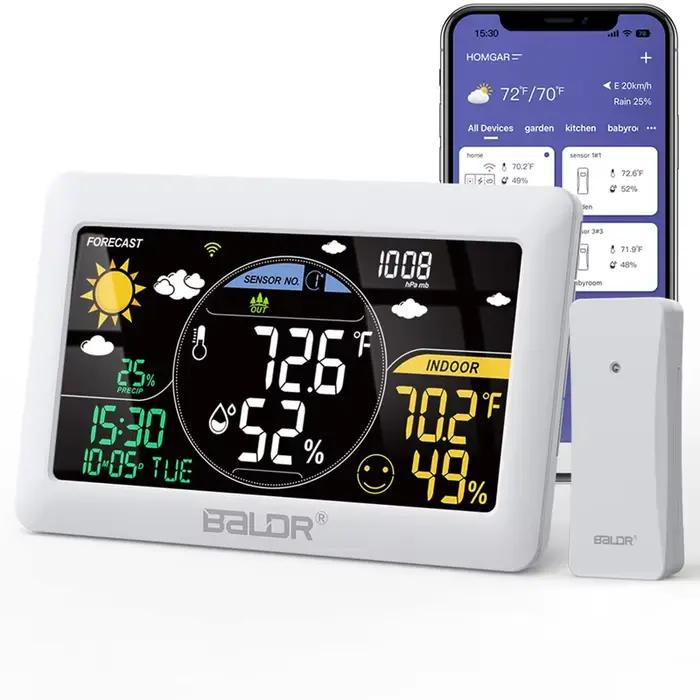 BALDR-Station météo WiFi sans fil, température intérieure et extérieure, humidité, réveil mural, bar