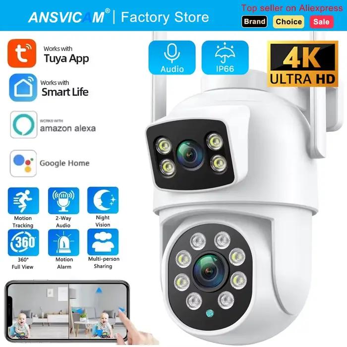 8MP double objectif Tuya Wifi caméra PTZ extérieure 4K sans fil double écran caméra de sécurité suiv