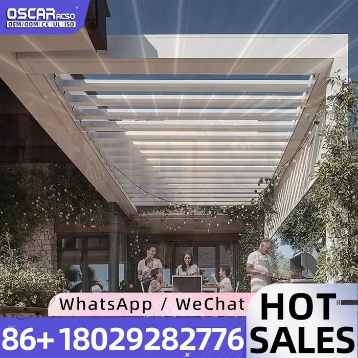 Pergola de terrasse motorisée rétractable à lames orientables, électrique, avec LED, résistante aux