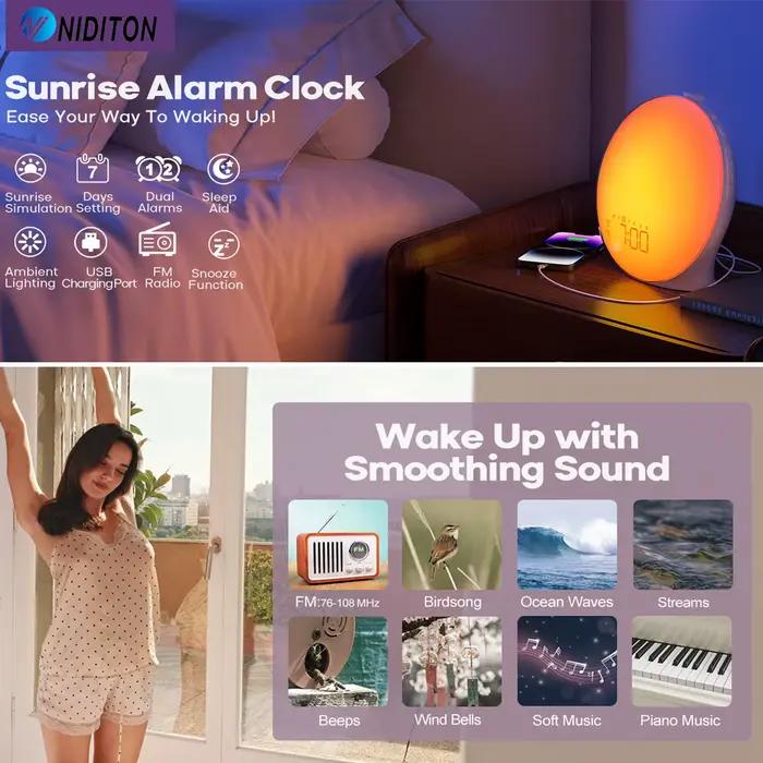 Réveil lumineux, Simulation de lever/coucher du soleil, horloge numérique avec veilleuse, Radio FM,