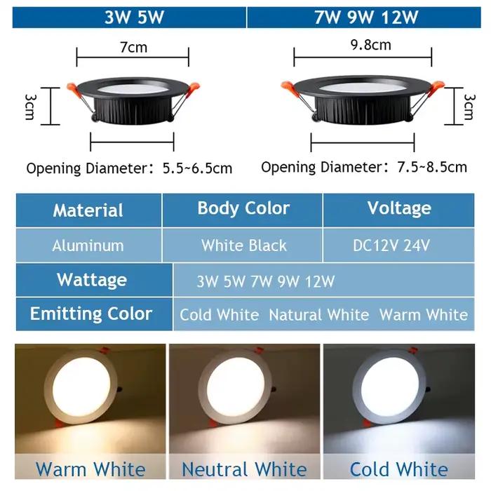 DC 12V LED Downlight plafonnier 24V projecteur 3W 5W 7W 9W 12W Grille encastrée Ultra-mince tension