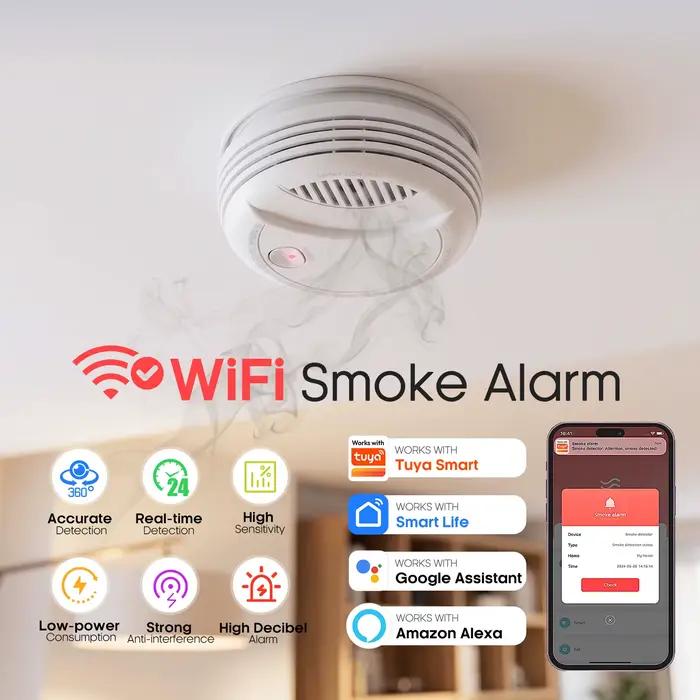 Détecteur de fumée WiFi à détection à 360° avec application de contrôle à distance et capteur
