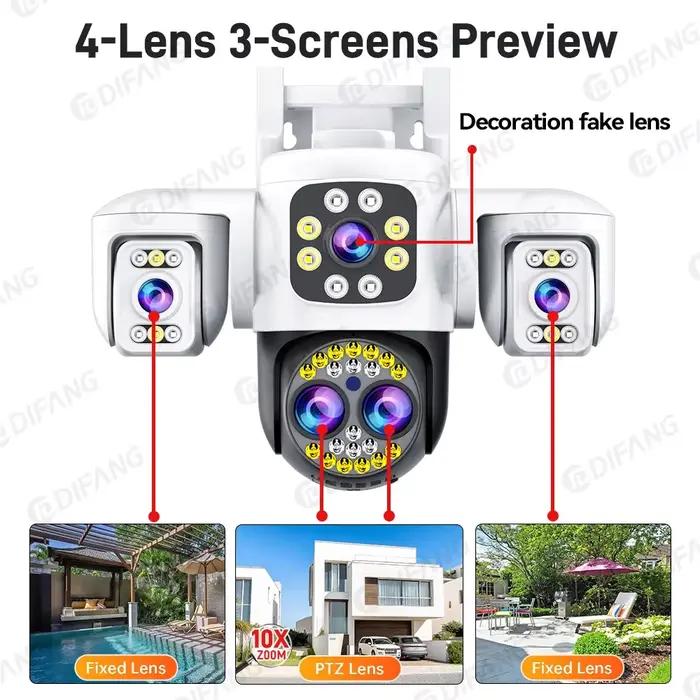 Yoosee WiFi caméra extérieure 8K 16MP quatre objectifs trois écrans CCTV Ai Track vidéo PTZ 360 °