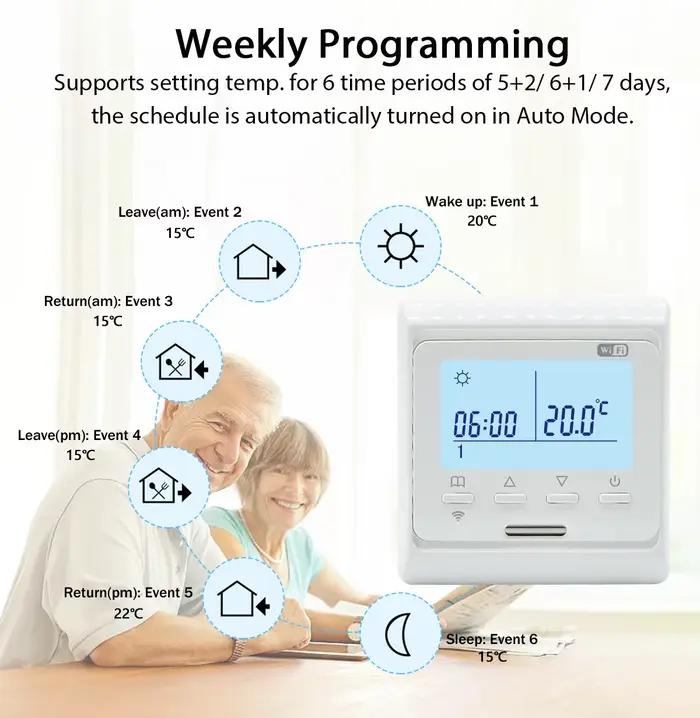 Thermostat WiFi numérique AC100V-240V 3A 16A pour chauffage par le sol avec écran LCD et commande vocale via Alexa Google Assistant