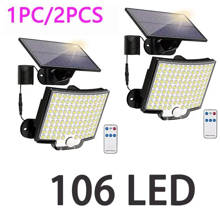 106LED lumières extérieures solaires capteur de mouvement à distance mur projecteur sécurité étanche Patio jardin Garage clôture voie éclairage
