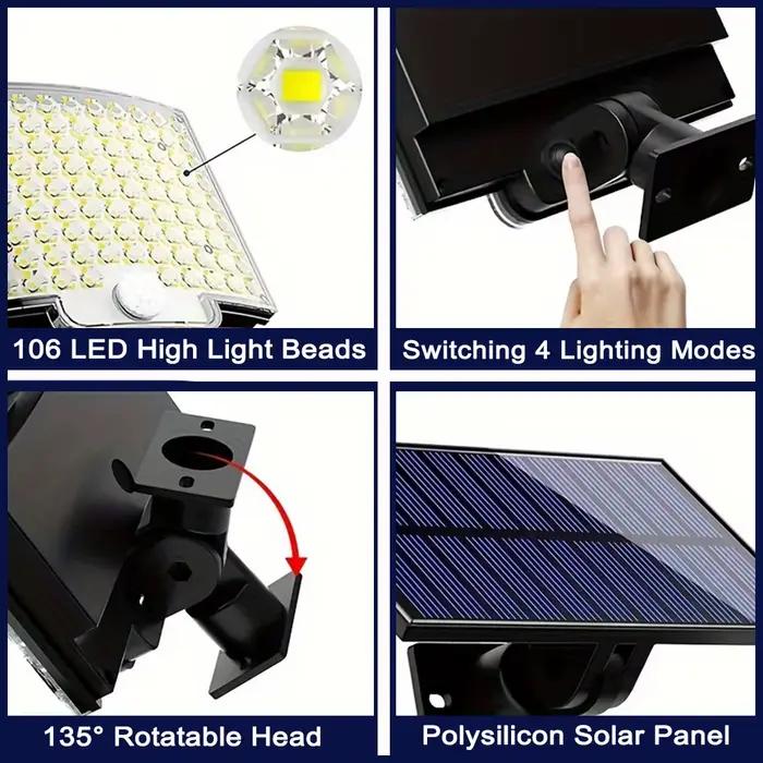 106LED lumières extérieures solaires capteur de mouvement à distance mur projecteur sécurité étanche Patio jardin Garage clôture voie éclairage