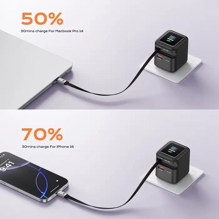 Chargeur rapide GaN 70W avec câble rétractable type-c 3 en 1 PD3.0 QC4.0 PPS