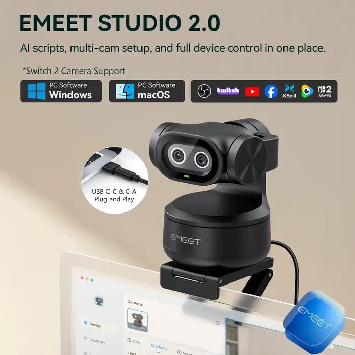 Webcam EMEET PIXY 2K, caméra PTZ à suivi IA avec contrôle gestuel et capteur Sony