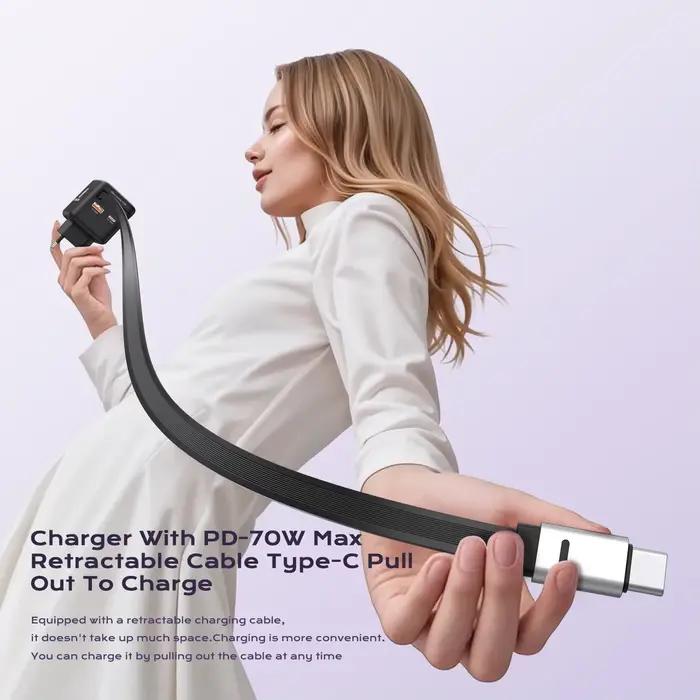 Chargeur rapide GaN 70W avec câble rétractable type-c 3 en 1 PD3.0 QC4.0 PPS