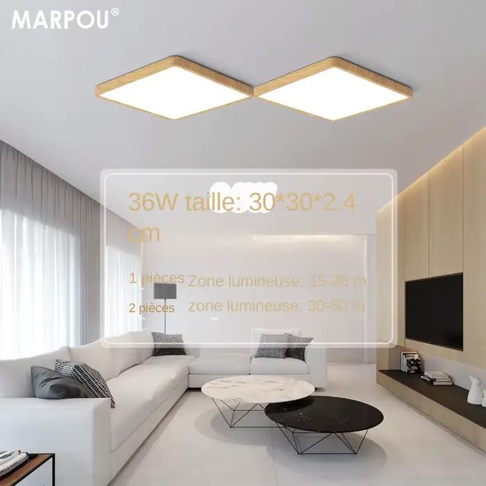 MARPOU Tuya plafonnier LED intelligent Grain de bois App commande vocale Alexa/Google télécommande plafonniers carrés