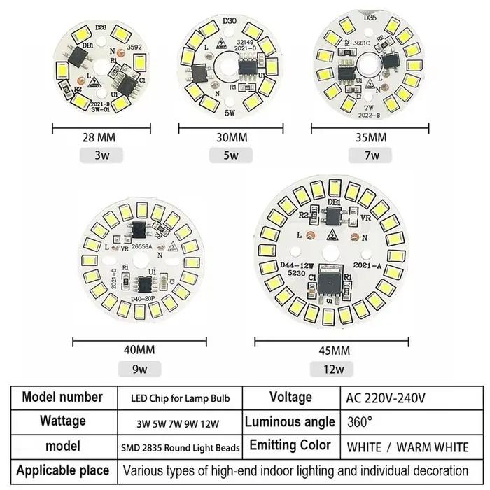Puce LED pour ampoule 3W 5W 7W 9W 12W SMD 2835 perles de lumière rondes AC 220V-240V
