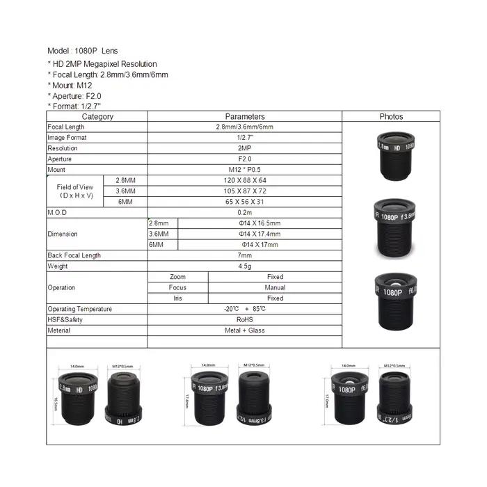 Objectif CCTV 1080P 2.8mm 3.6mm 6mm
