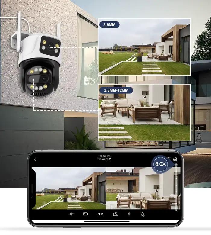 Uzoom 12MP 6K WiFi caméra avec 8X Zoom 3 objectif double écran détection humaine suivi automatique CCTV pour la Surveillance de sécurité extérieure