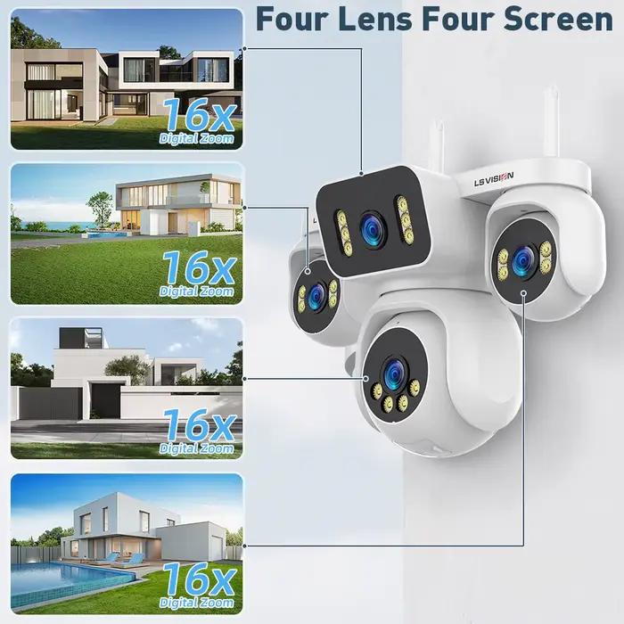 LS VISION Caméra de sécurité intelligente extérieure WiFi à 4 objectifs et 4 écrans avec panoramique/inclinaison 20MP