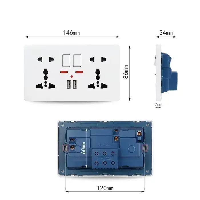Prise murale double universelle 5 trous avec interrupteur