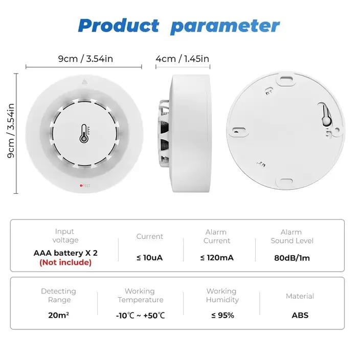 Tuya Wifi BT détecteur de fumée à deux connexions dispositif de mesure de la température et de l'humidité 80dB alarme sonore fonction d'alerte à distance