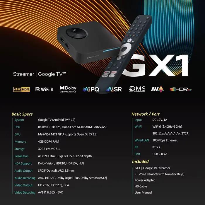 Boîtier Android TV Google TV 12 Box Netflix certifié Google, compatible Dolby Atmos Vision 2T2R, RockTek GX1 UHD Realtek1325 A55 Edge AI
