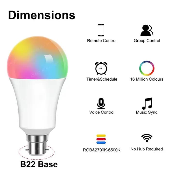 Ampoule intelligente Wi-Fi TUYA B22 (norme britannique) avec Bluetooth