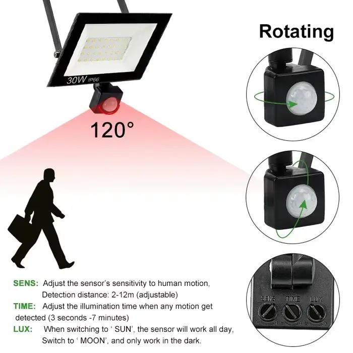 LED PIR capteur de mouvement projecteur extérieur applique murale lumière blanche 100W 50W 30W 20W 10W IP66 LED étanche