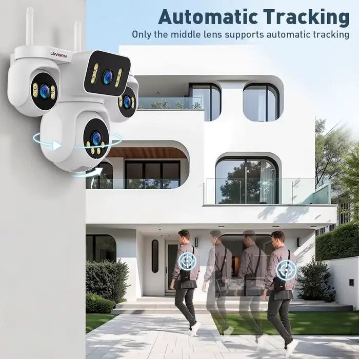 LS VISION Caméra de sécurité intelligente extérieure WiFi à 4 objectifs et 4 écrans avec panoramique/inclinaison 20MP