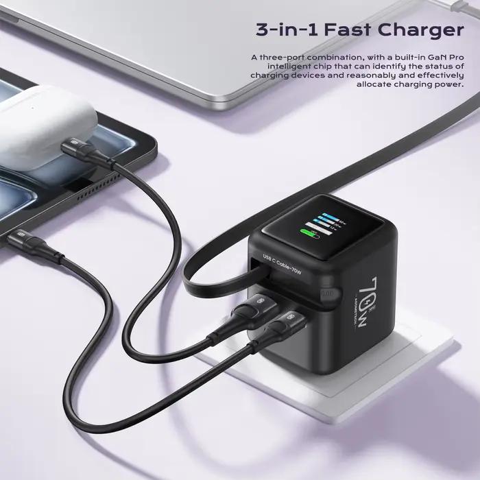 Chargeur rapide GaN 70W avec câble rétractable type-c 3 en 1 PD3.0 QC4.0 PPS