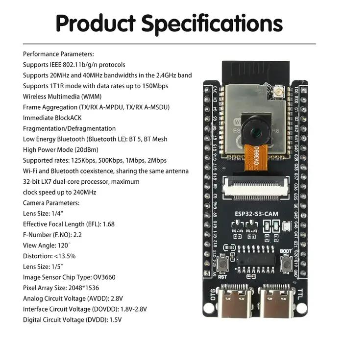 ESP ESP32-S3 CAM WiFi Bluetooth Module de carte de développement intégré