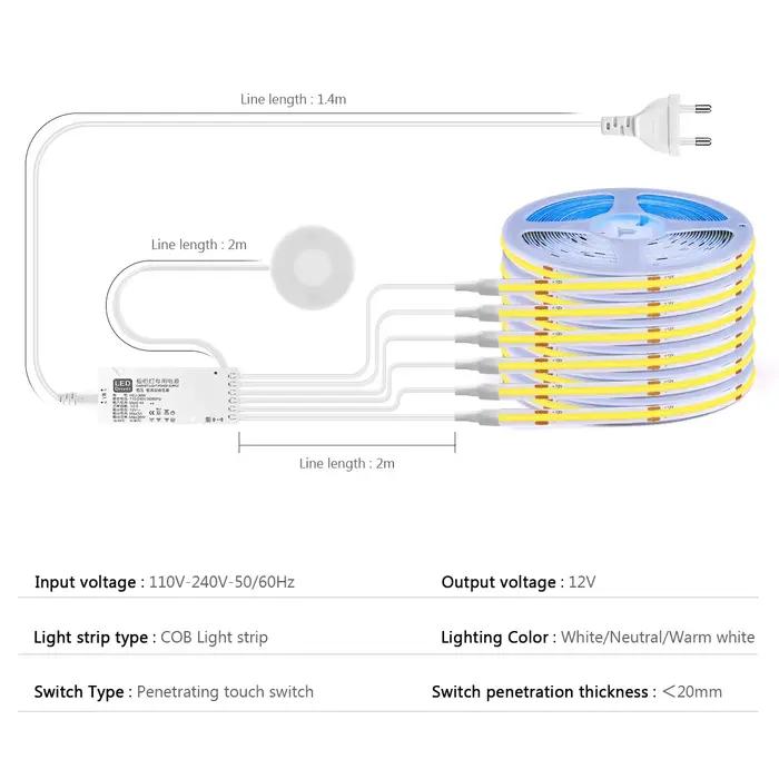 Bande Lumineuse LED COB à Capteur Tactile Intensité Réglable