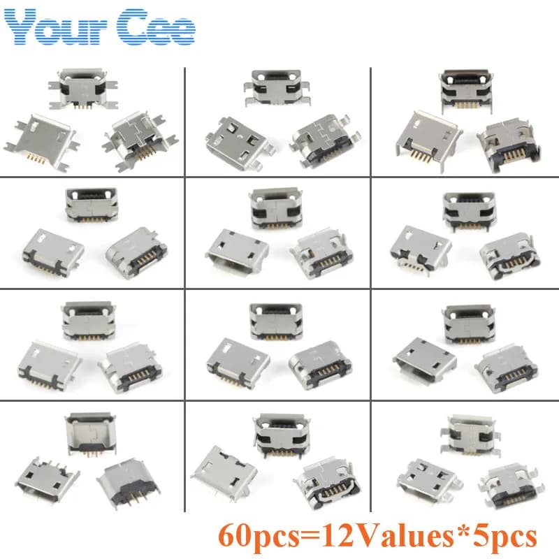 Connecteur de prise SMD DIP, 5 broches SMT, micro USB Type B, placement femelle, 12 modèles, lot de