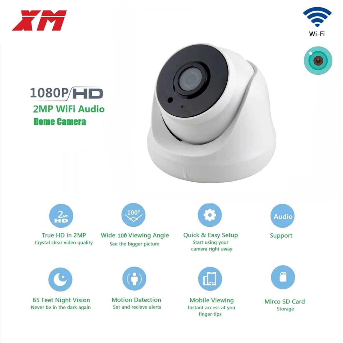 Caméra WiFi dôme 2MP 1080P HD caméra de sécurité sans fil caméra IP CCTV avec Audio IR LED détection