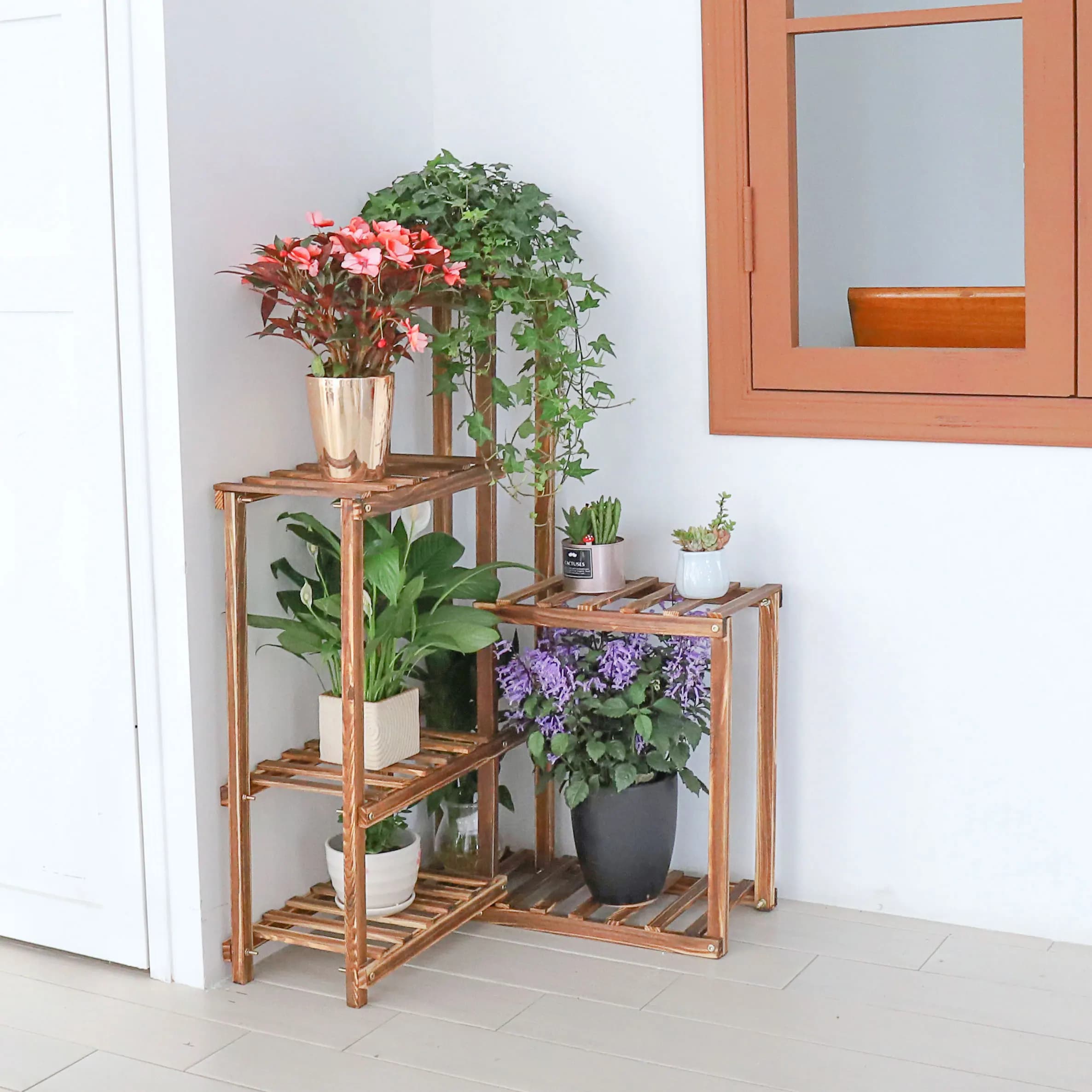 Support d'angle pour plantes, étagère en bois à 6 niveaux, jardin intérieur et extérieur, affichage