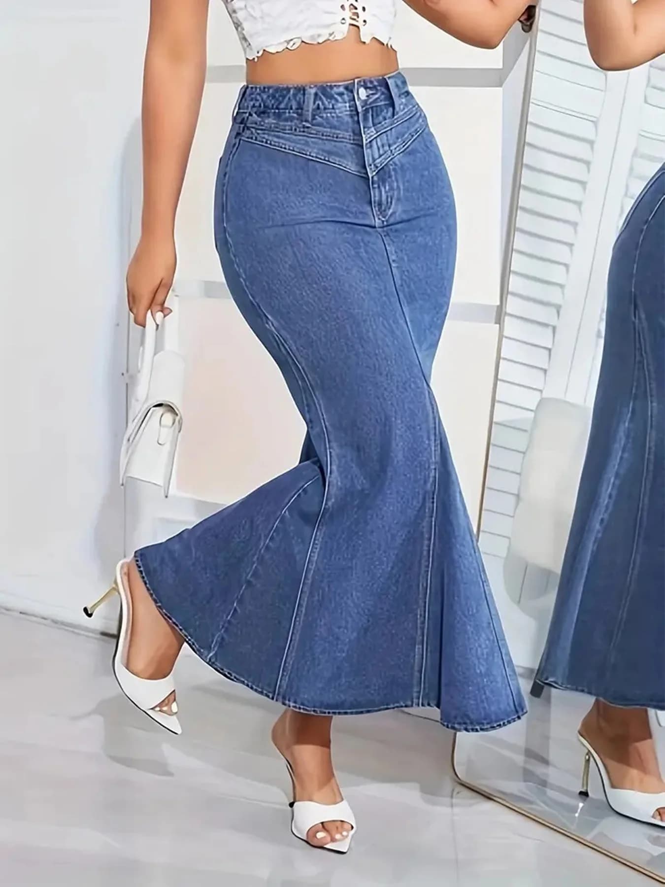 Jupe queue de poisson en jean rétro pour femmes, coupe ajustée, taille moyenne, élastique, demi-jupe