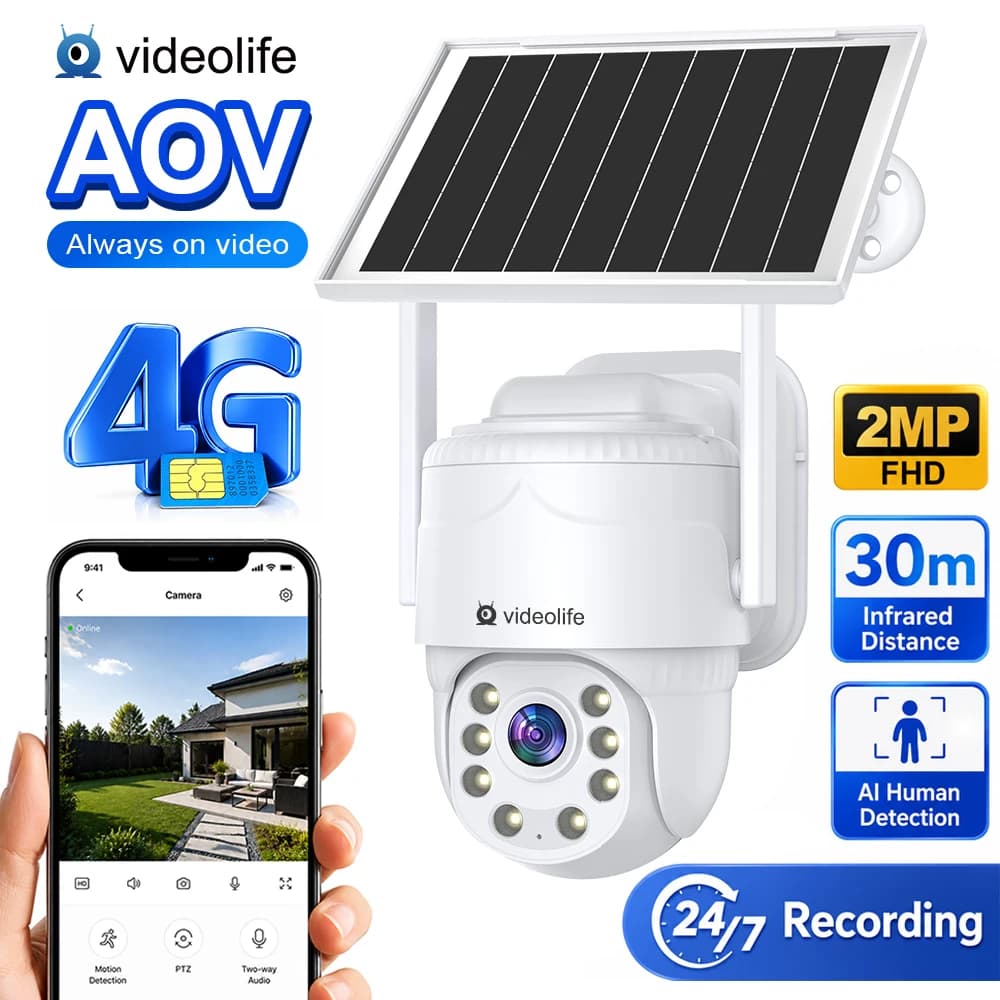 Caméra de sécurité solaire 4G Videolife AOV, enregistrement 24/7, détection humaine par IA, audio bi
