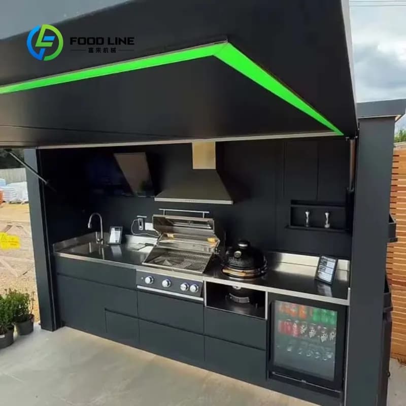 Cuisine extérieure motorisée haut de gamme personnalisée avec évier et réfrigérateur intégrés, insta
