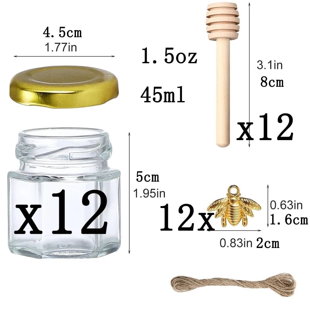 Mini pots à miel hexagonaux en verre de 1.5 oz, pots à miel avec trempette en bois, couvercle doré,