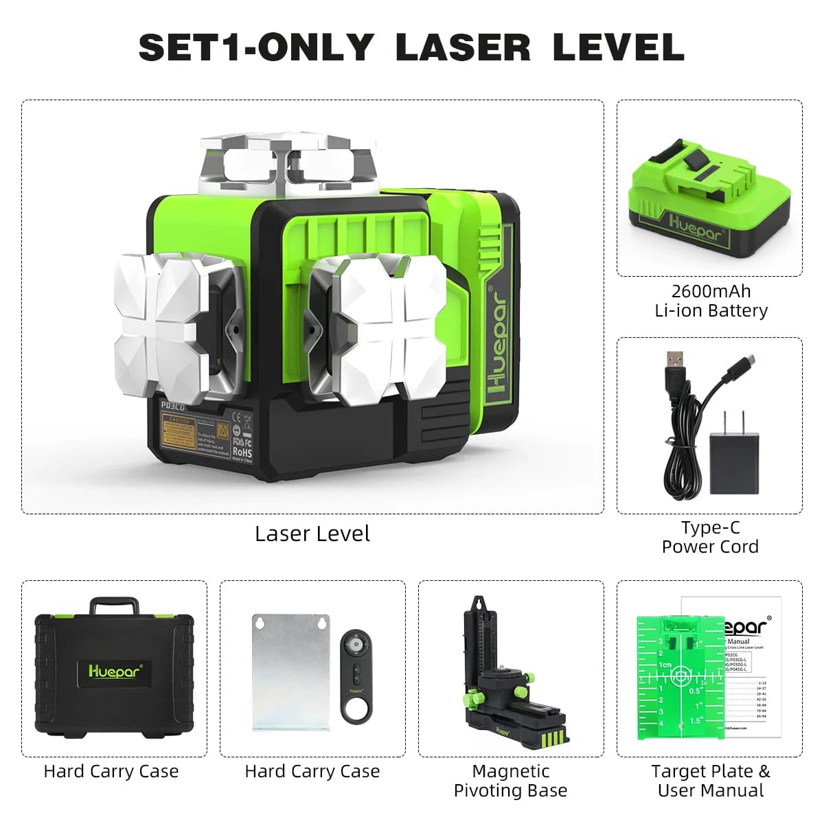 Huepar Niveau Laser 3D 12 Lignes Vert, avec Télécommande, Bluetooth, Récepteur/Trépied, Auto-Nivelan