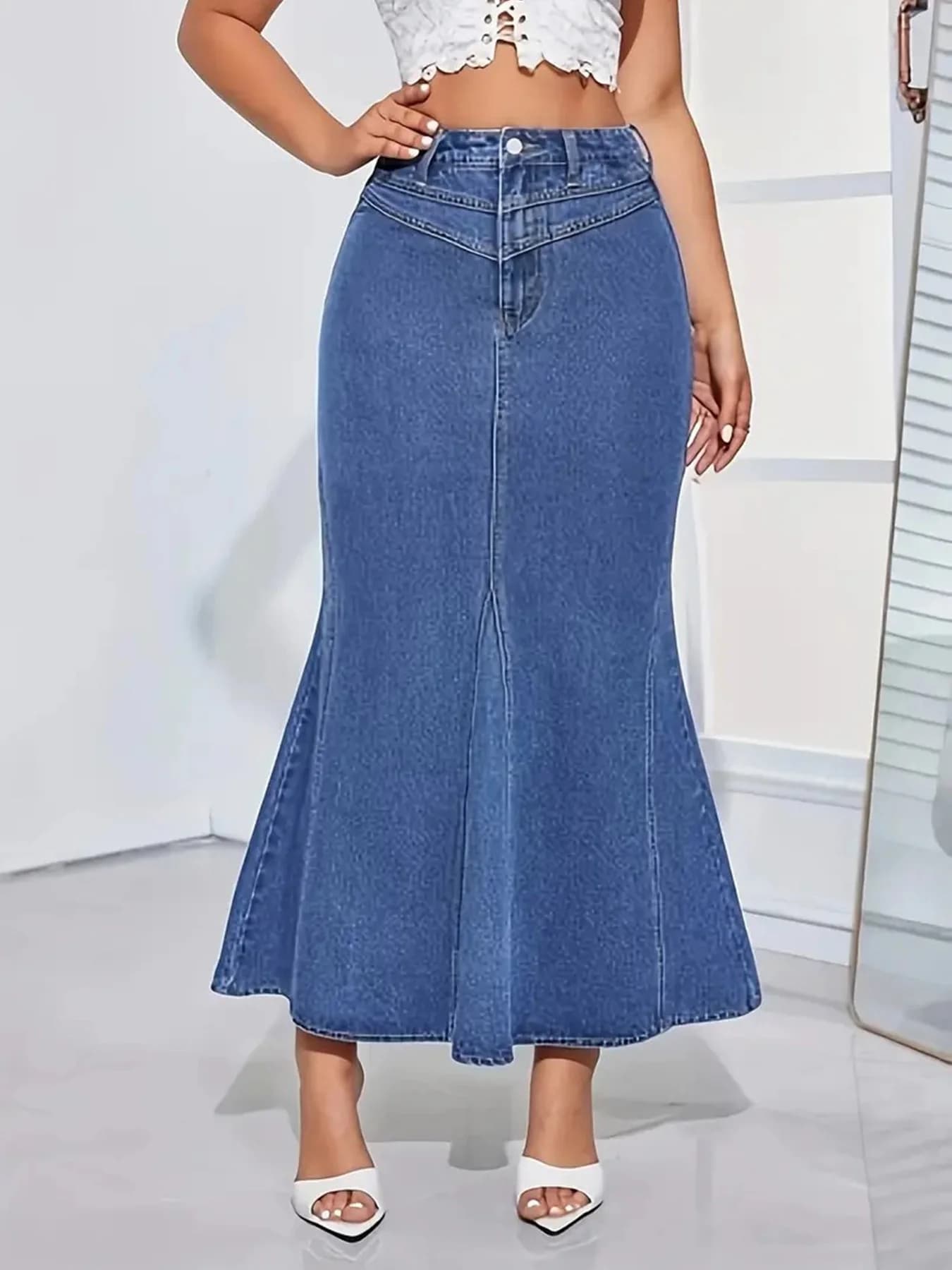 Jupe queue de poisson en jean rétro pour femmes, coupe ajustée, taille moyenne, élastique, demi-jupe