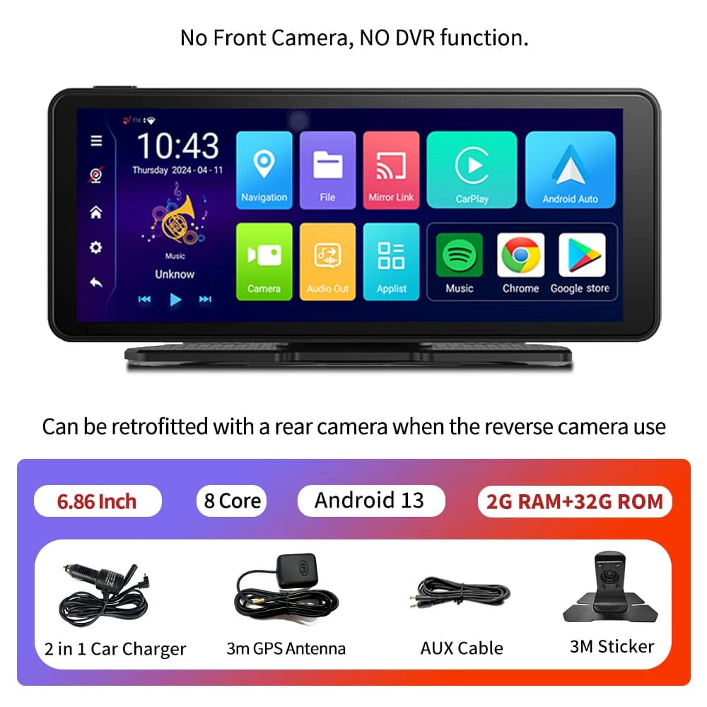 Imagebon E2 Android 13 caméra de tableau de bord sans fil CarPlay et Android Auto lien miroir autora