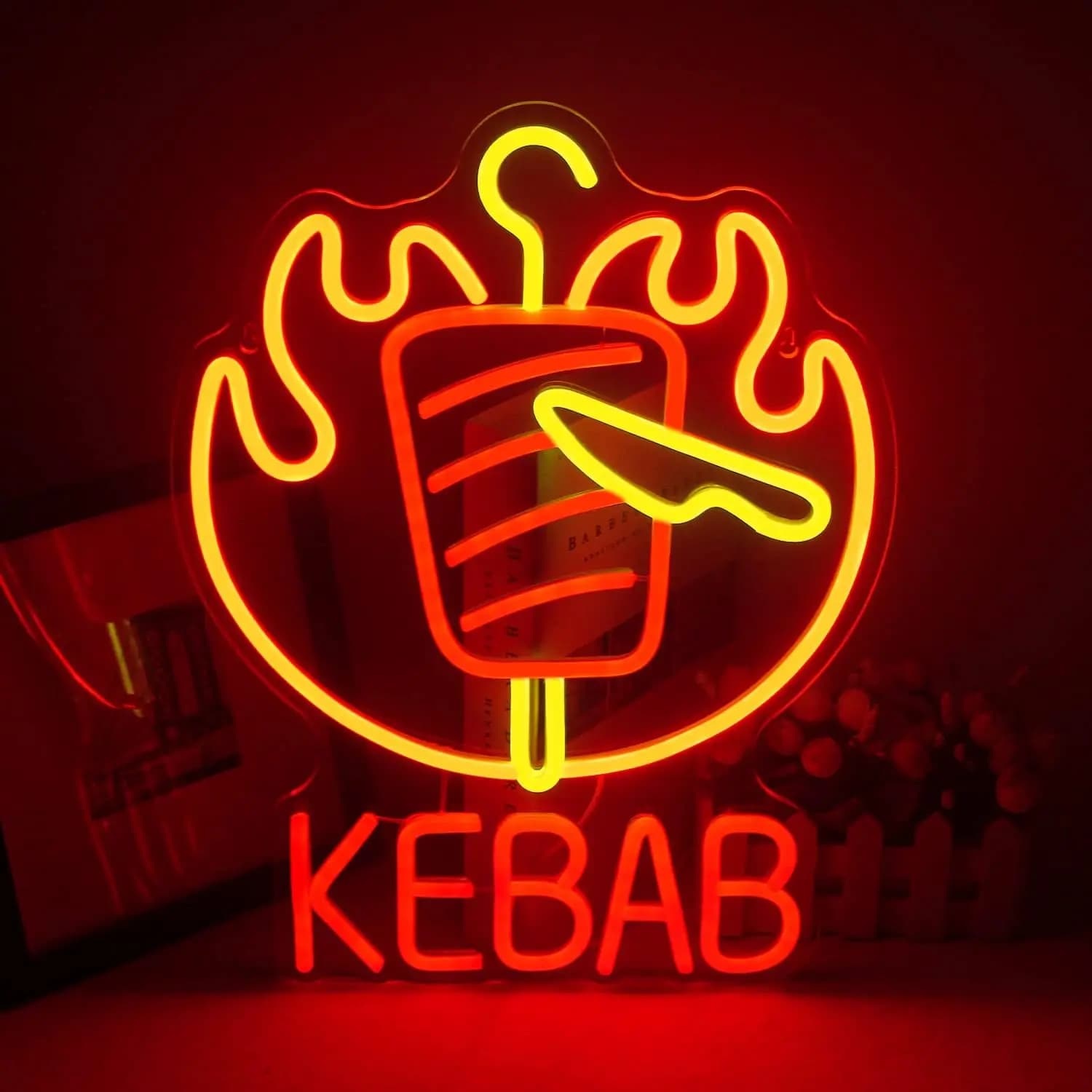 Enseigne néon LED KEBAB avec flammes et couteau pour la décoration de magasins de kebab, restaurants