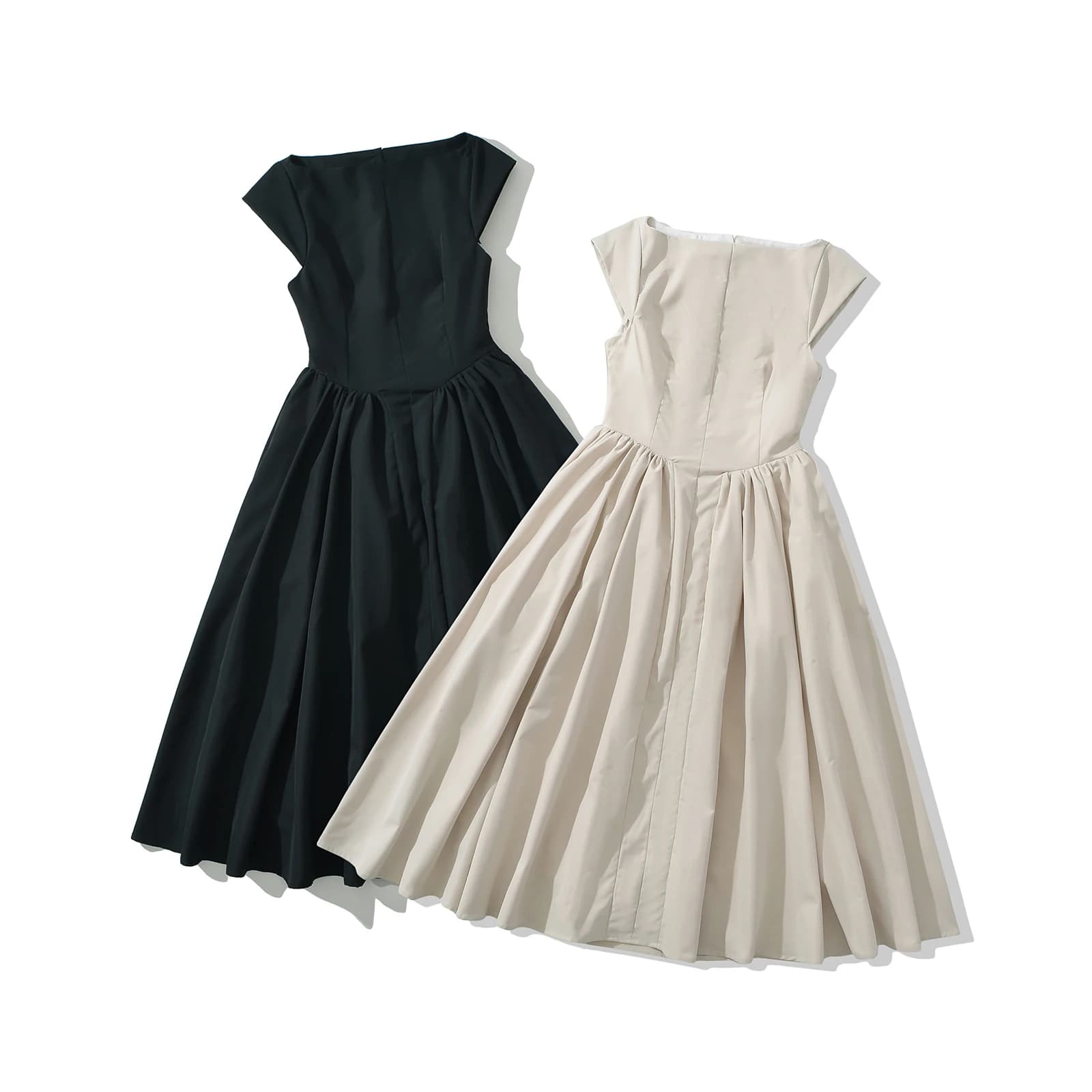 Robe mi-longue taille basse à manches courtes pour femmes, col slash sexy, dos nu évidé, robe trapèz