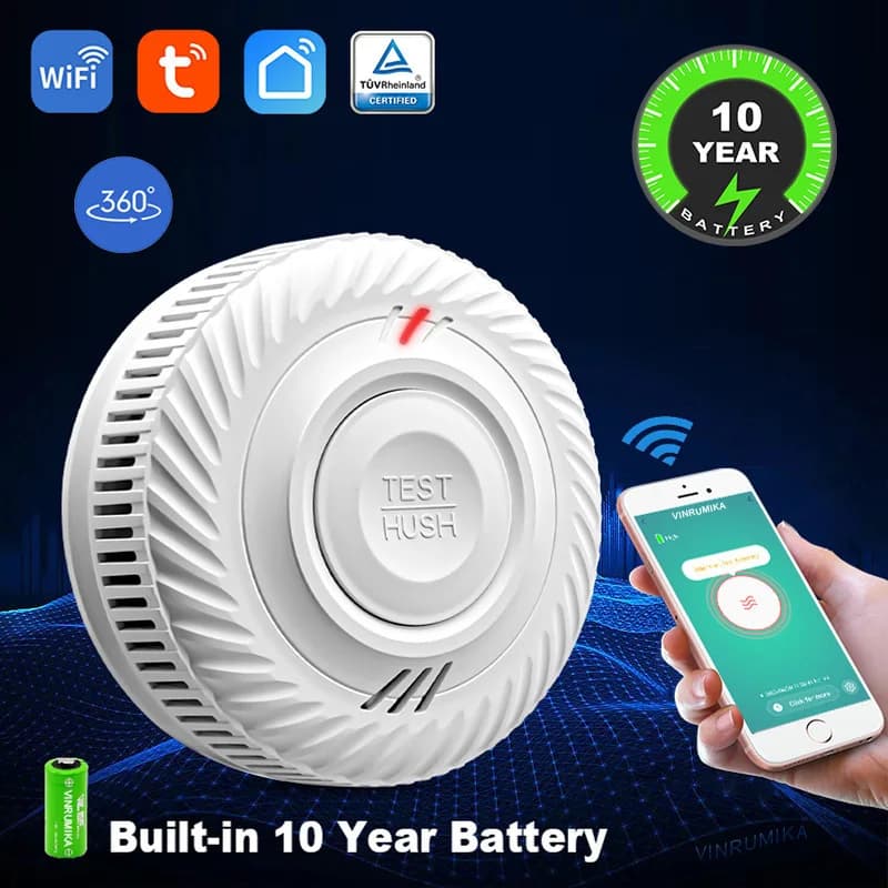 Détecteur de fumée avec batterie intégrée de 10 ans, fonction WiFi, Tuya, maison intelligente, salon